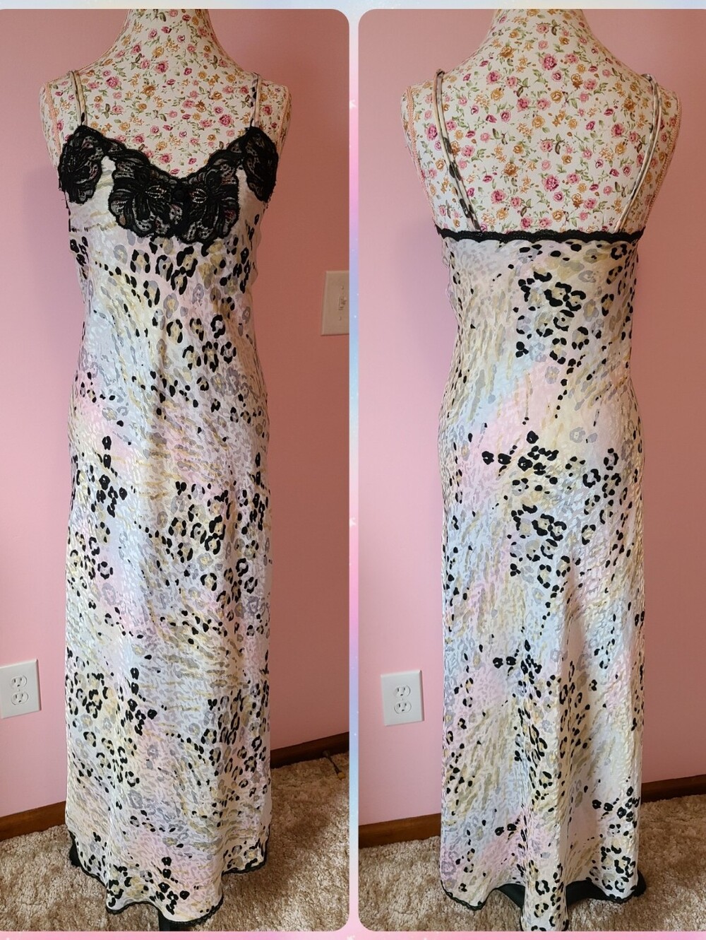 Rare VTG Dior Pastel Rainbow Leopard Satin Lace Long Maxi Slip Dress Size M